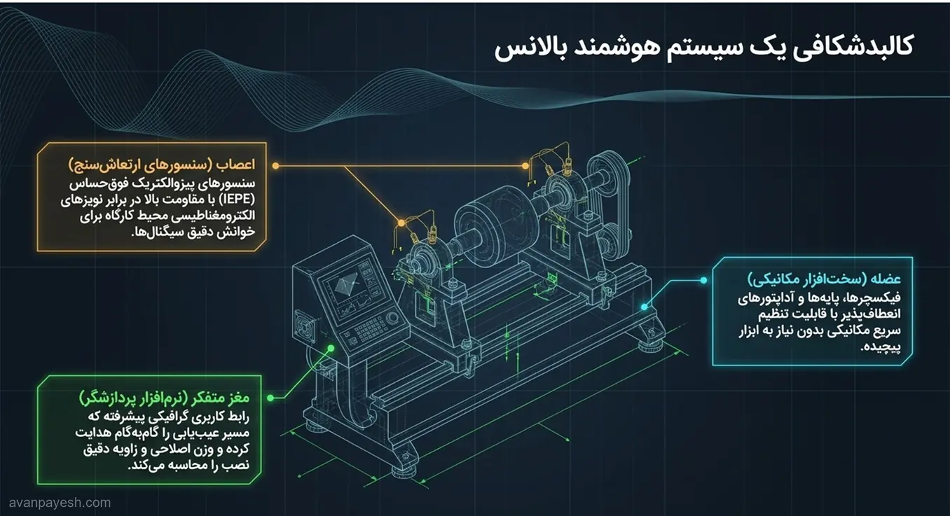 Anatomy of a Smart Fan Balancing System Components دیاگرام ساختار سیستم هوشمند بالانس شامل سنسورها، بخش مکانیکی و نرمافزار پردازشگر.