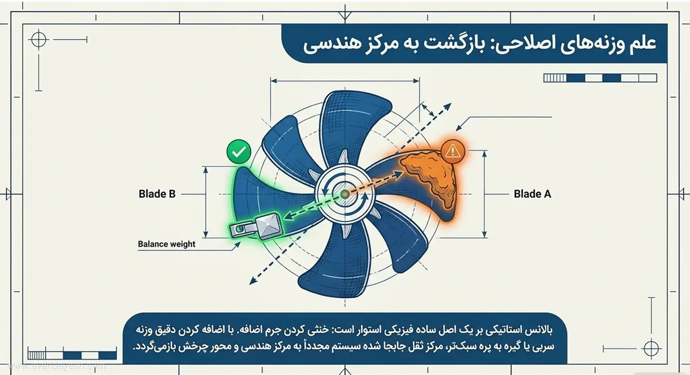 نمودار فیزیک وزنههای اصلاحی برای بازگرداندن مرکز ثقل پره به مرکز هندسی چرخش.