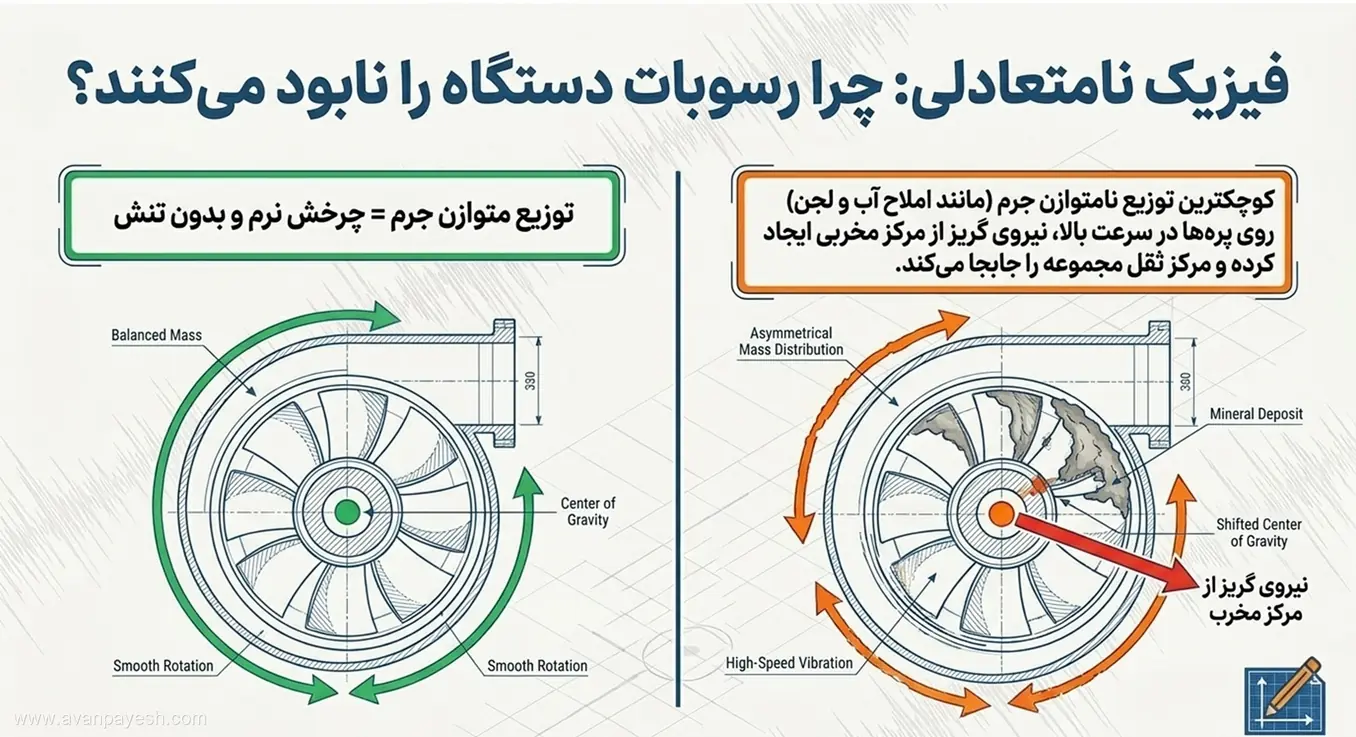 نمودار مقایسهای فیزیک بالانس فن در دو حالت جرم متوازن و انباشت رسوبات نامتوازن.