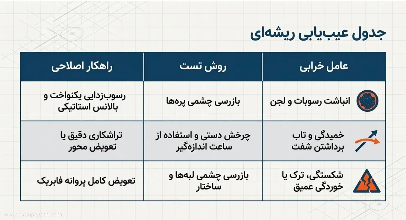 جدول عیبیابی ریشهای فن شامل عوامل خرابی، روش تست و راهکارهای اصلاحی.